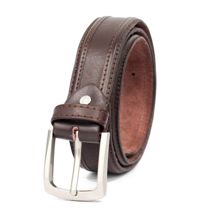 Dark Brown Leather Belt with Silver Buckle - IndusRobe