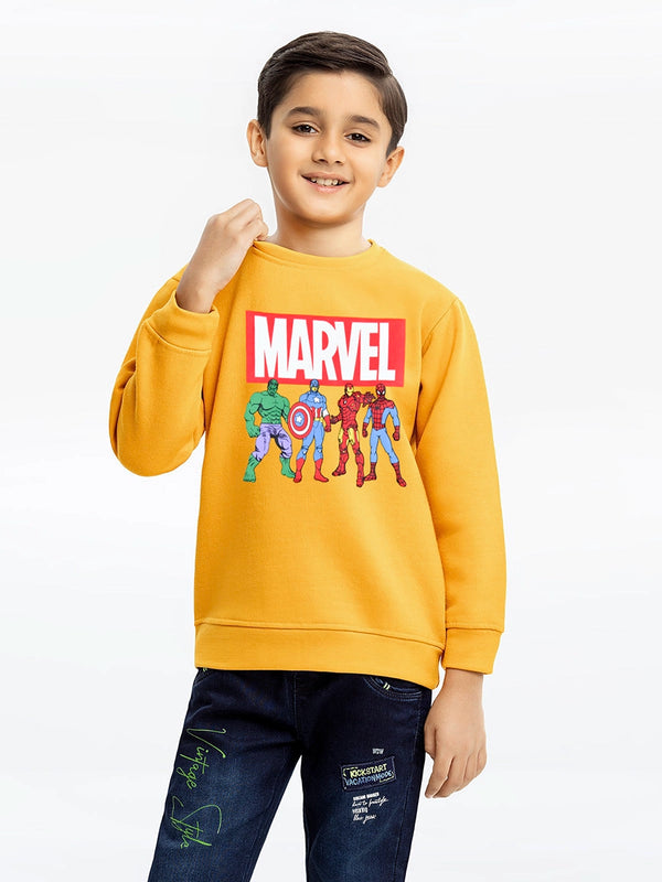 Boys' Yellow Fleece Sweatshirt with Marvel Superheroes Print | Soft & Cozy