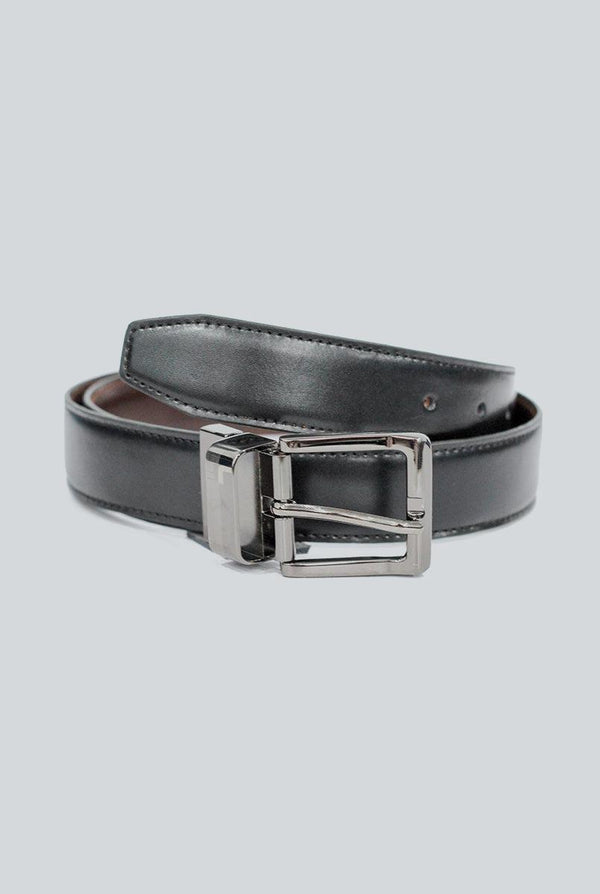 Black & Brown double sided Leather Belt with Grey Buckle