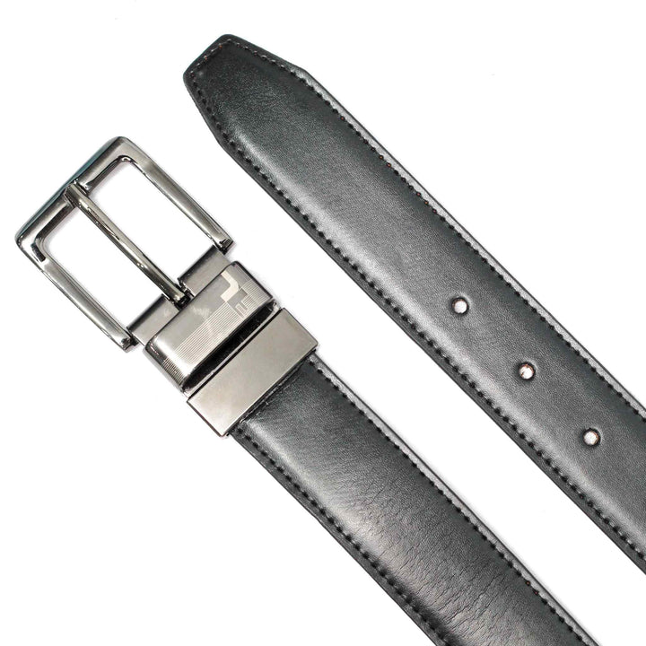 Black & Brown double sided Leather Belt with Grey Buckle - IndusRobe