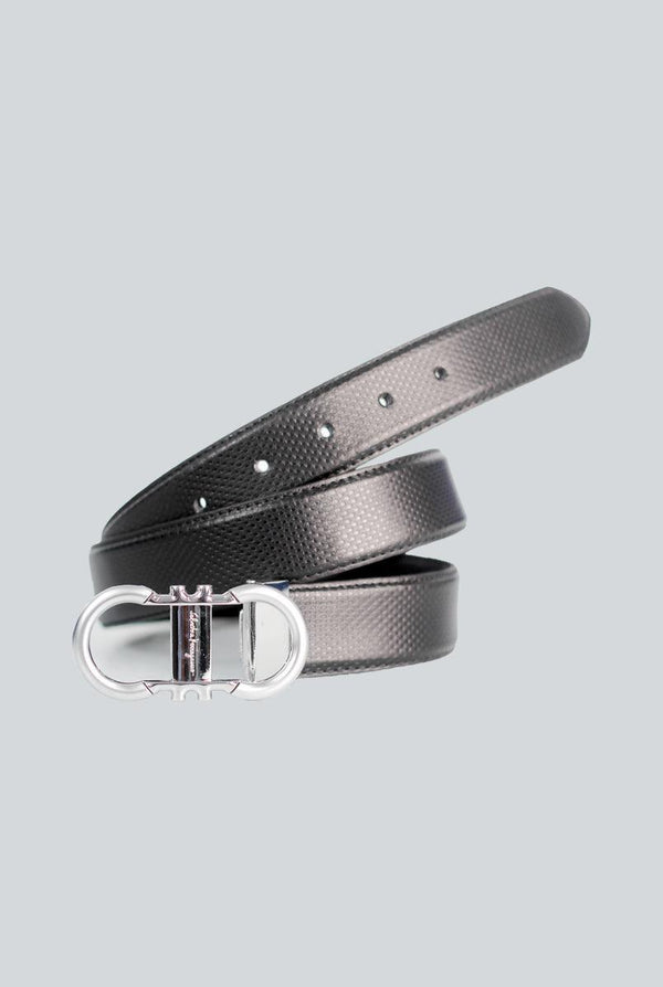 Black Self Dot Style Leather Belt with Silver Buckle