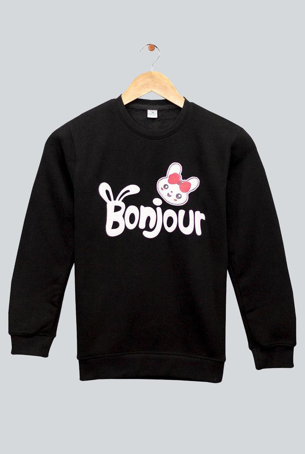 Black Bonjour Print Sweatshirt for Girls (Fleece)