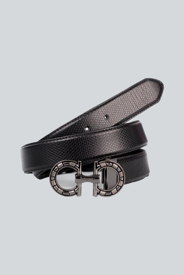 Black Dot Leather Belt with Dark Grey Buckle