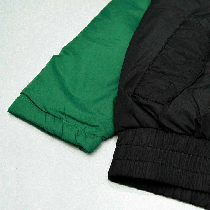 Black Full Sleeve Puffer Jacket for Kids With Green/Black Panel - IndusRobe