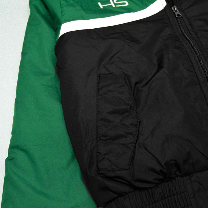Black Full Sleeve Puffer Jacket for Kids With Green/Black Panel - IndusRobe