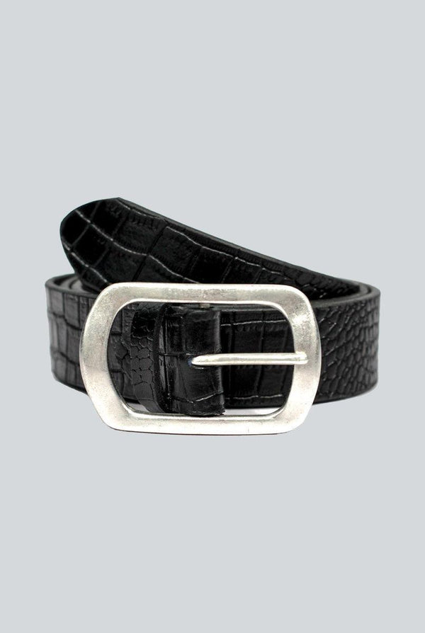 Black Texture Leather Belt with Silver Buckle