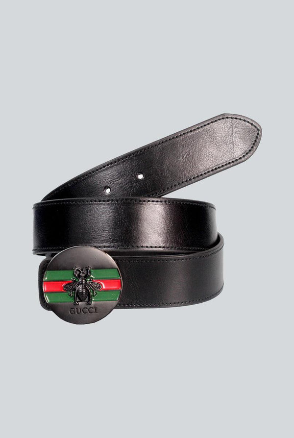 Black plain Leather Belt with Black round style Buckle