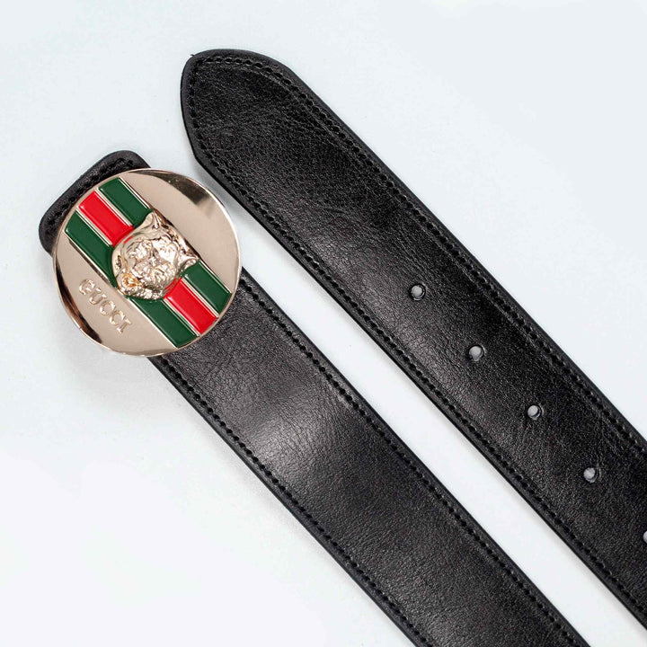 Black plain Leather Belt with Golden round style Buckle - IndusRobe