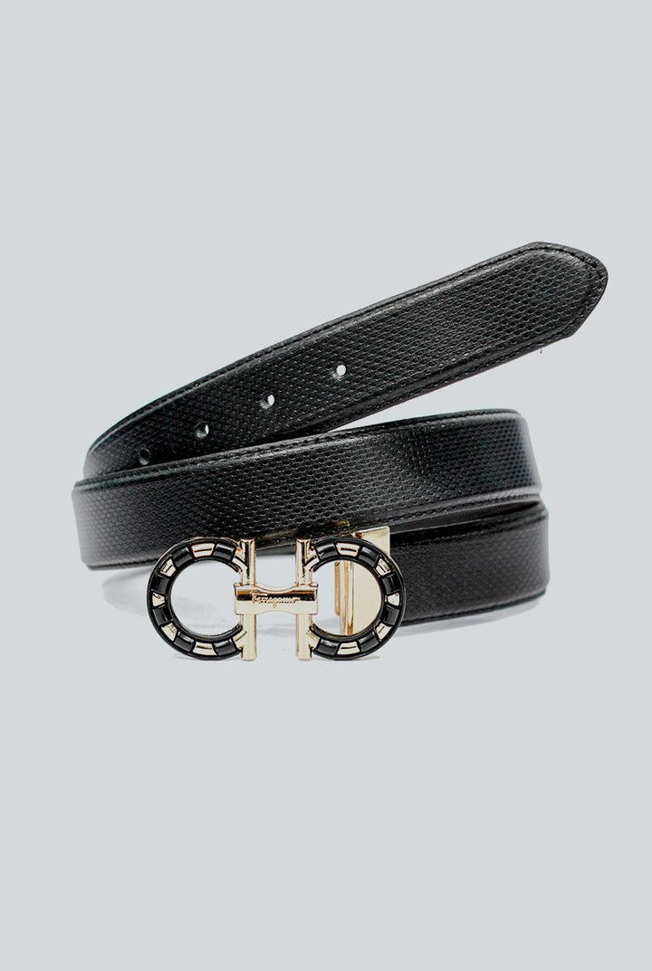 Black Self Style Leather Belt with Golden & Black Buckle