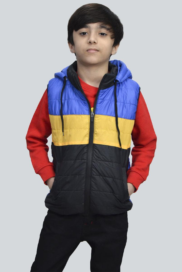 Black Sleeveless Puffer Jacket for Boys With Royal Blue & Yellow Panel - IndusRobe