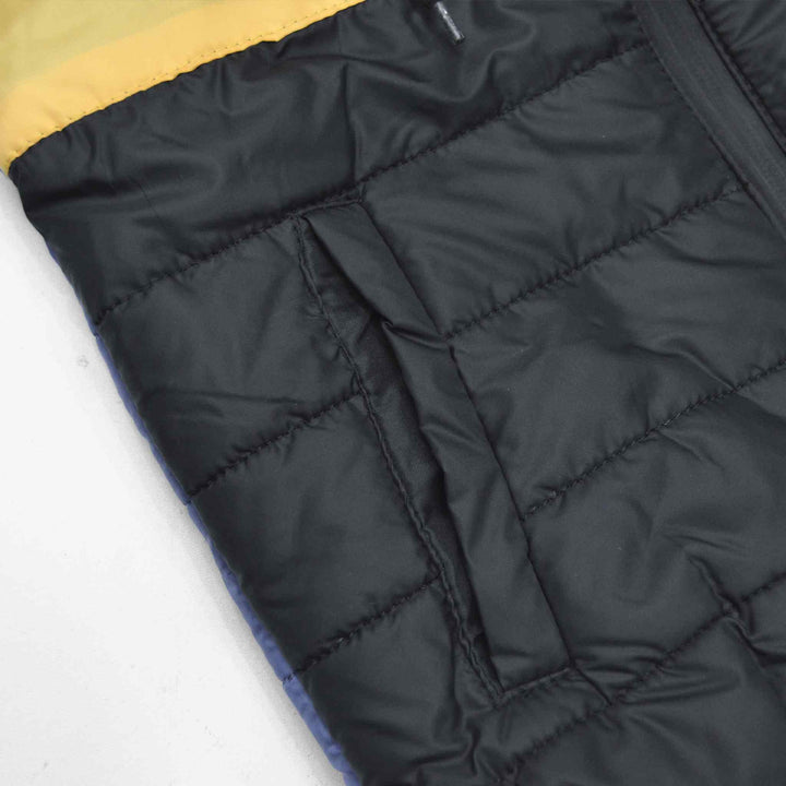 Black Sleeveless Puffer Jacket for Boys With Royal Blue & Yellow Panel - IndusRobe