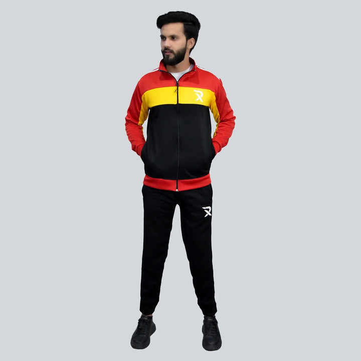 Black Track Suit for Men with Red & Yellow Panel (Trenda Fleece) - IndusRobe