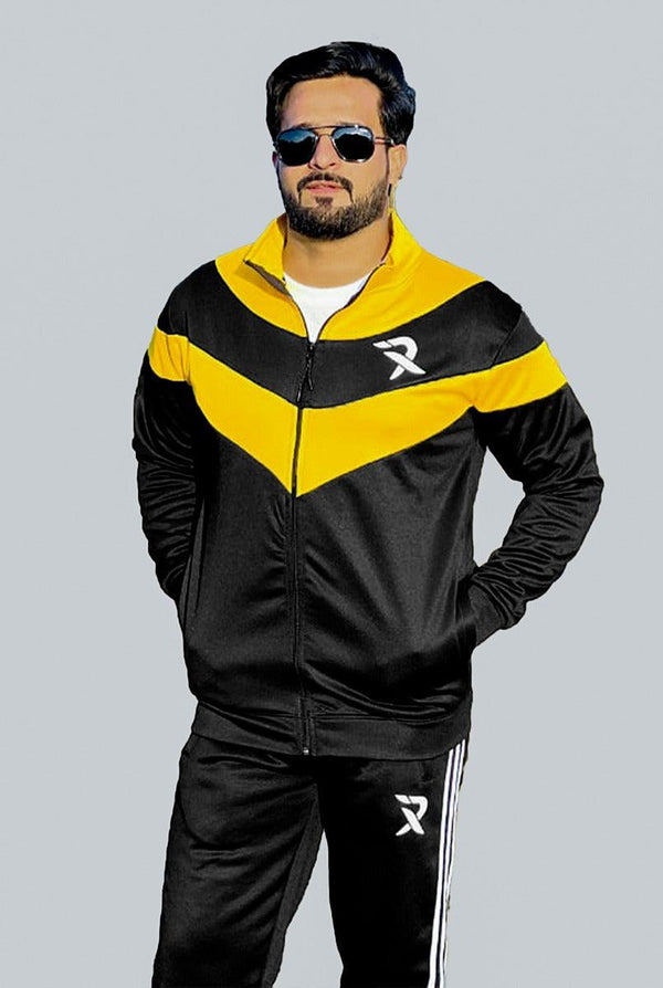 Black Track Suit for Men with Yellow  Panel (Trenda Fleece) - IndusRobe
