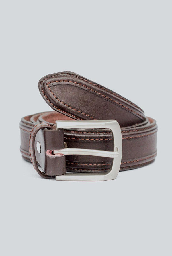 Dark Brown Leather Belt with Silver Buckle