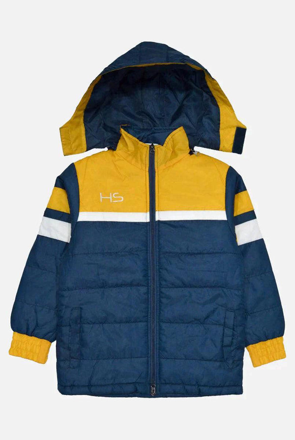 Dark Blue Full Sleeve Puffer Jacket for Kids With Yellow/White Panel - IndusRobe