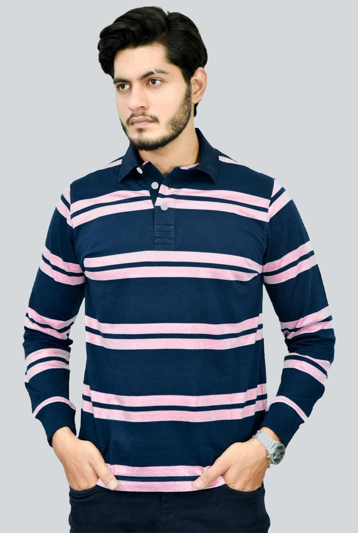 Dark Blue with Light Pink Strap Rugby Shirt for Men