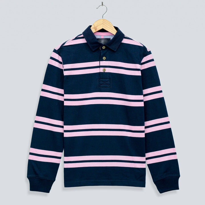 Dark Blue with Light Pink Strap Rugby Shirt for Men
