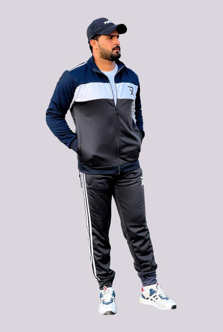 Dark Grey Track Suit for Men with White & Dark Blue Panel (Trenda Fleece) - IndusRobe