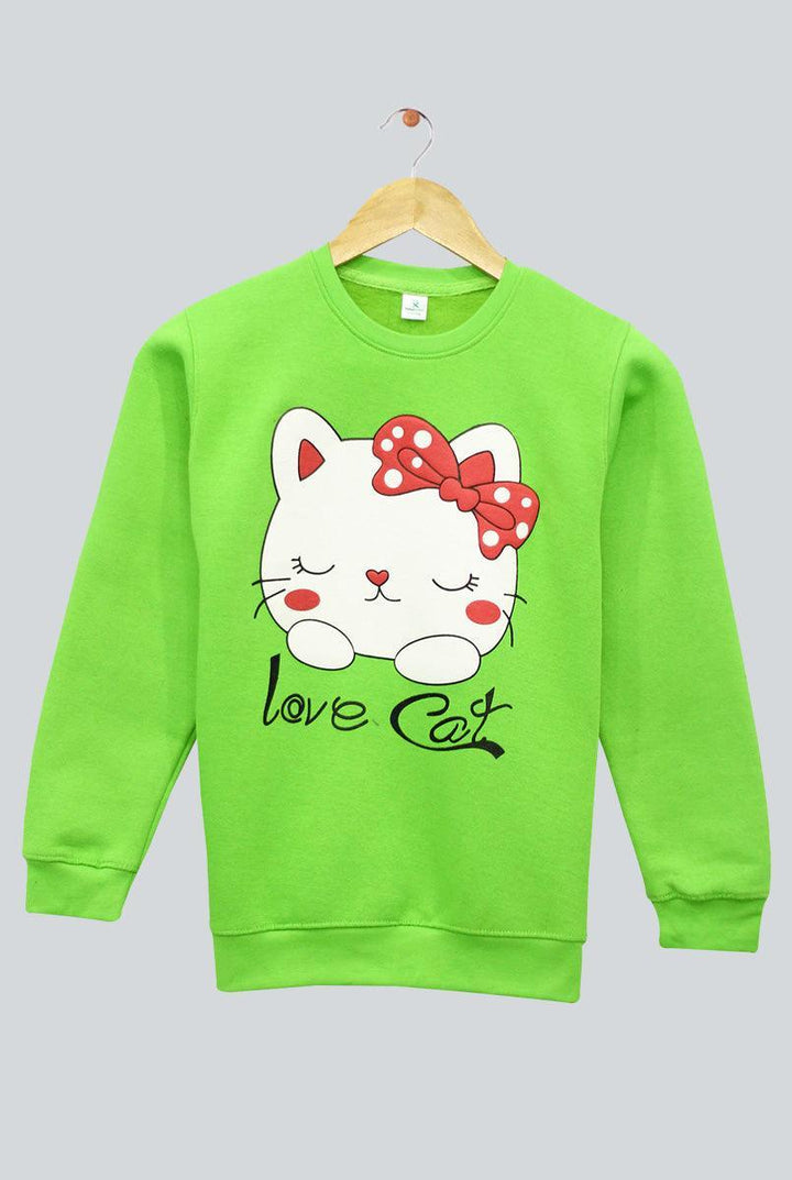 Green with Love Cat Print Sweatshirt for Girls (Fleece)