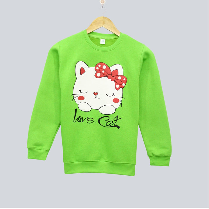Green with Love Cat Print Sweatshirt for Girls (Fleece)