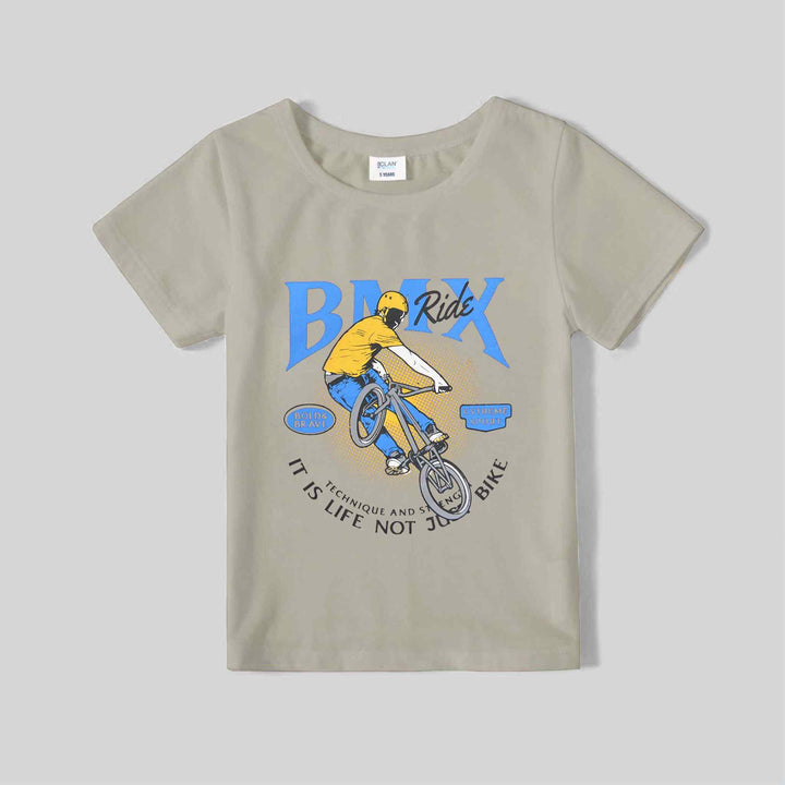 Grey T-Shirt for Boys with BMX Ride Print - IndusRobe