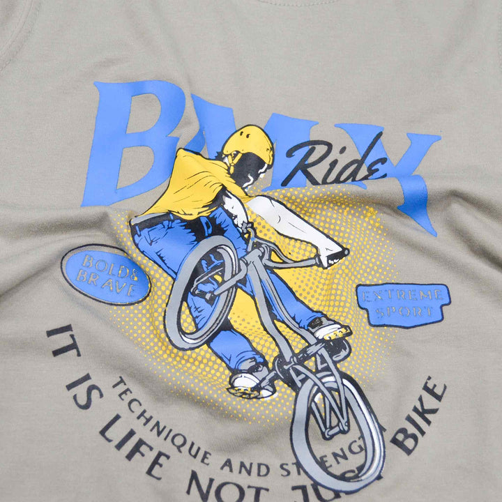 Grey T-Shirt for Boys with BMX Ride Print - IndusRobe