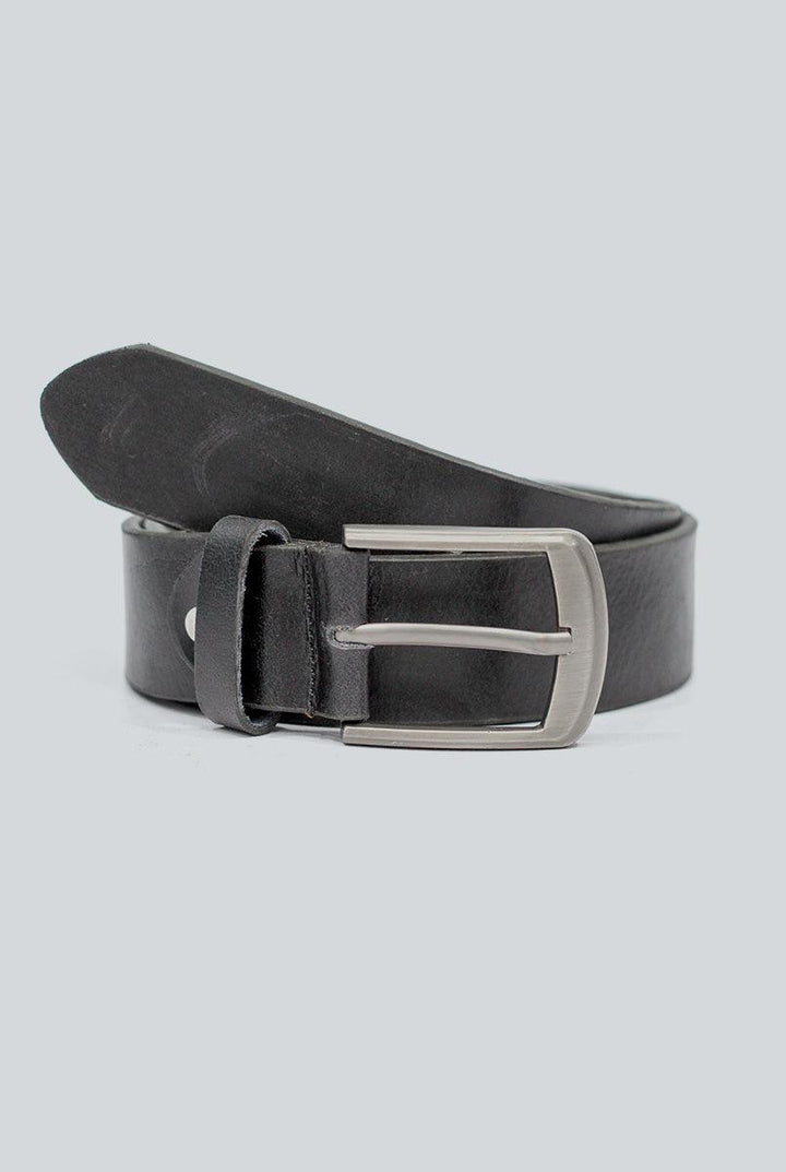 IR Black Plain Leather Belt with Grey Buckle