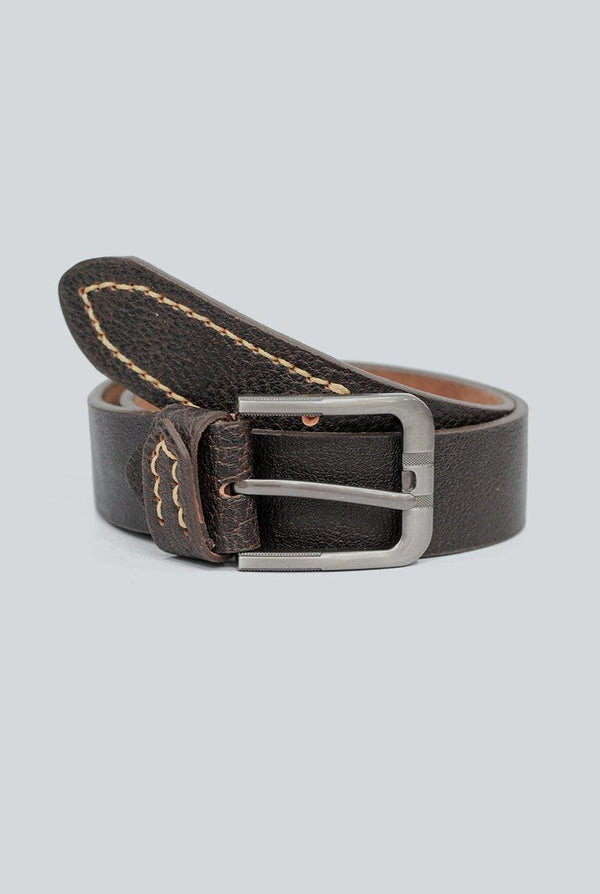 IR Dark Brown Texture Leather Belt with Grey Buckle