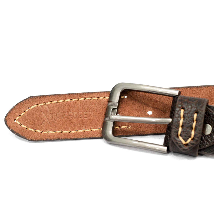 IR Dark Brown Texture Leather Belt with Grey Buckle - IndusRobe