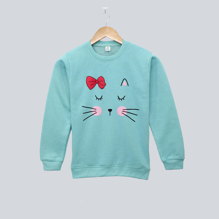 Light Blue With Cat Eyes Print Sweatshirt for Girls (Fleece)