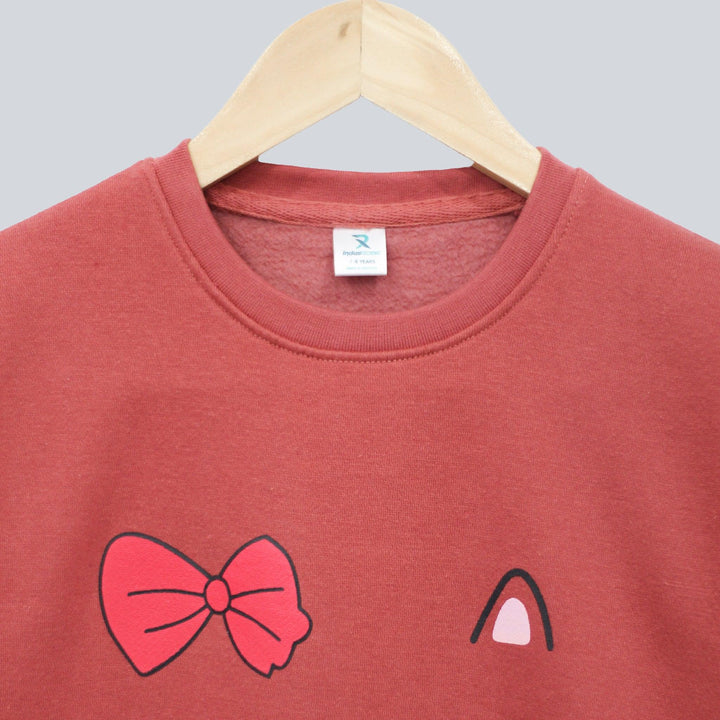 Light Maroon With Cat Eyes Print Sweatshirt for Girls (Fleece)