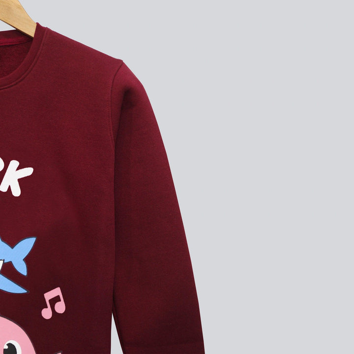 Maroon With Baby Shark Print Sweatshirt for Girls (Fleece)
