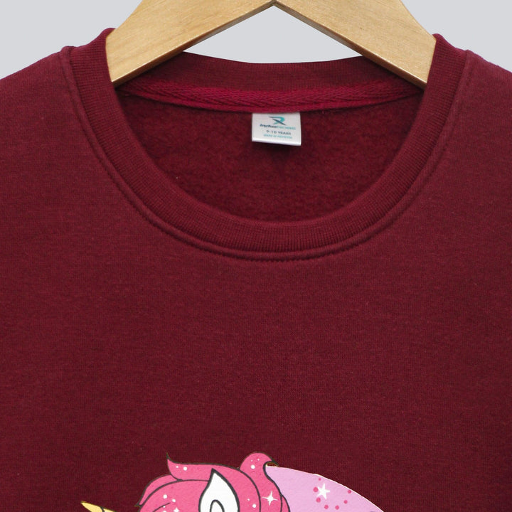 Maroon With Unicorn Print Sweatshirt for Girls (Fleece)