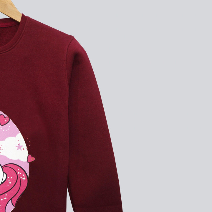Maroon With Unicorn Print Sweatshirt for Girls (Fleece)