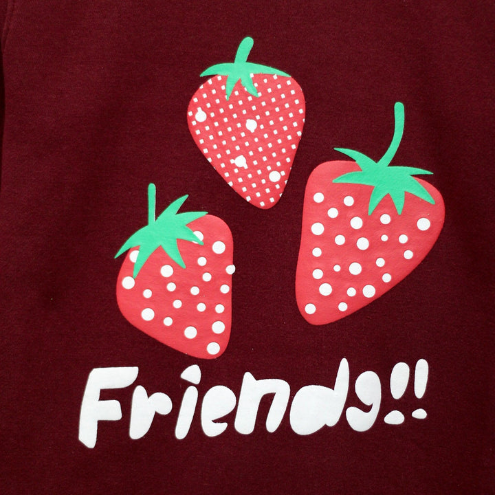 Maroon with Strawberry Print Sweatshirt for Girls (Fleece)