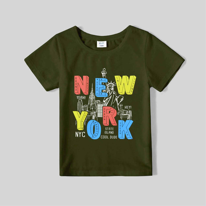Olive Green T-Shirt for Boys with New York Print - IndusRobe