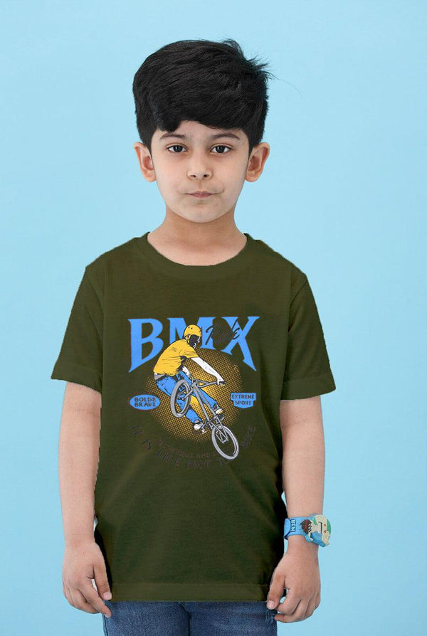 Olive Green T-Shirt for Boys with BMX Ride Print