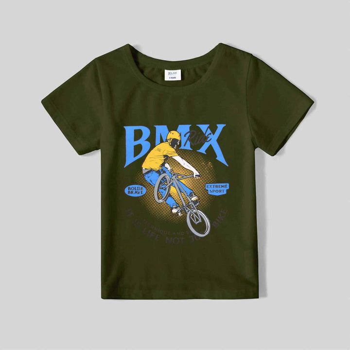 Olive Green T-Shirt for Boys with BMX Ride Print - IndusRobe