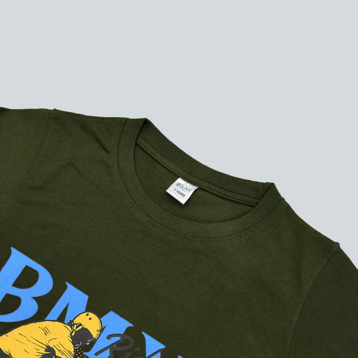 Olive Green T-Shirt for Boys with BMX Ride Print - IndusRobe