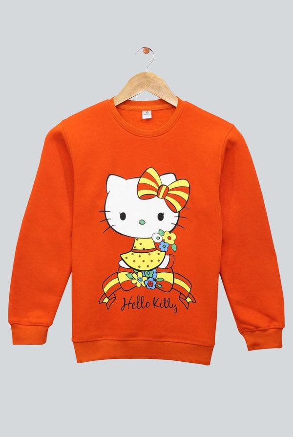 Orange With Hello Kitty Print Sweatshirt for Girls (Fleece)