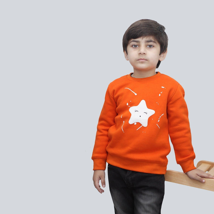 Orange With Star Print Sweatshirt for Boys (Fleece)