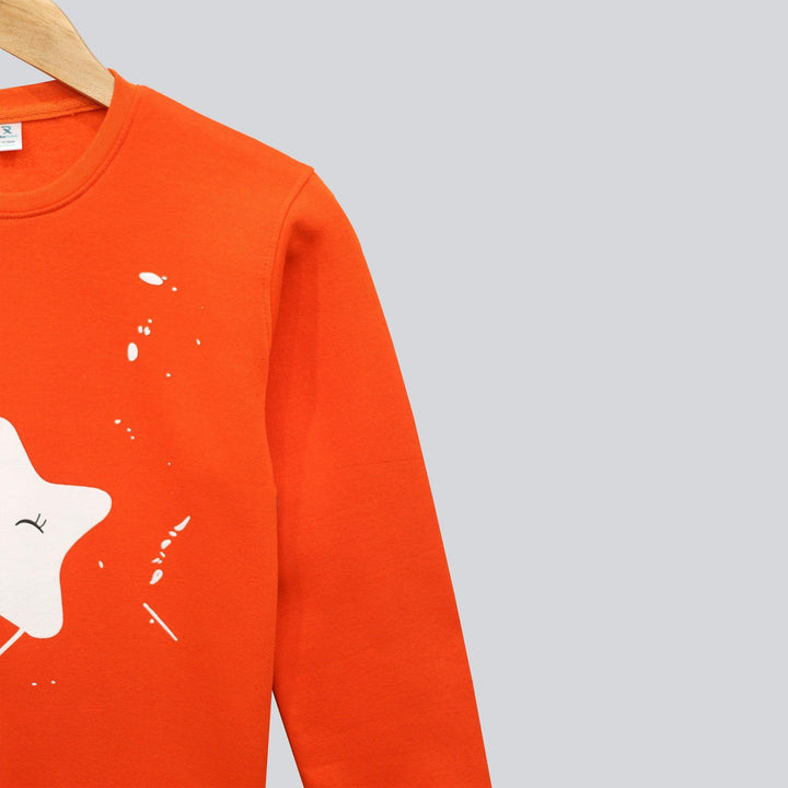 Orange With Star Print Sweatshirt for Girls (Fleece)