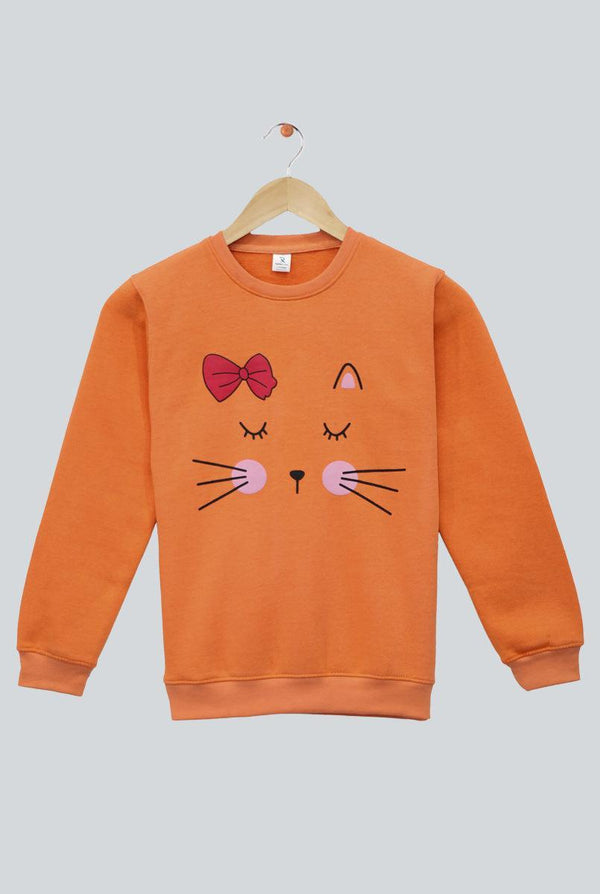 Peach With Cat Eyes Print Sweatshirt for Girls (Fleece)