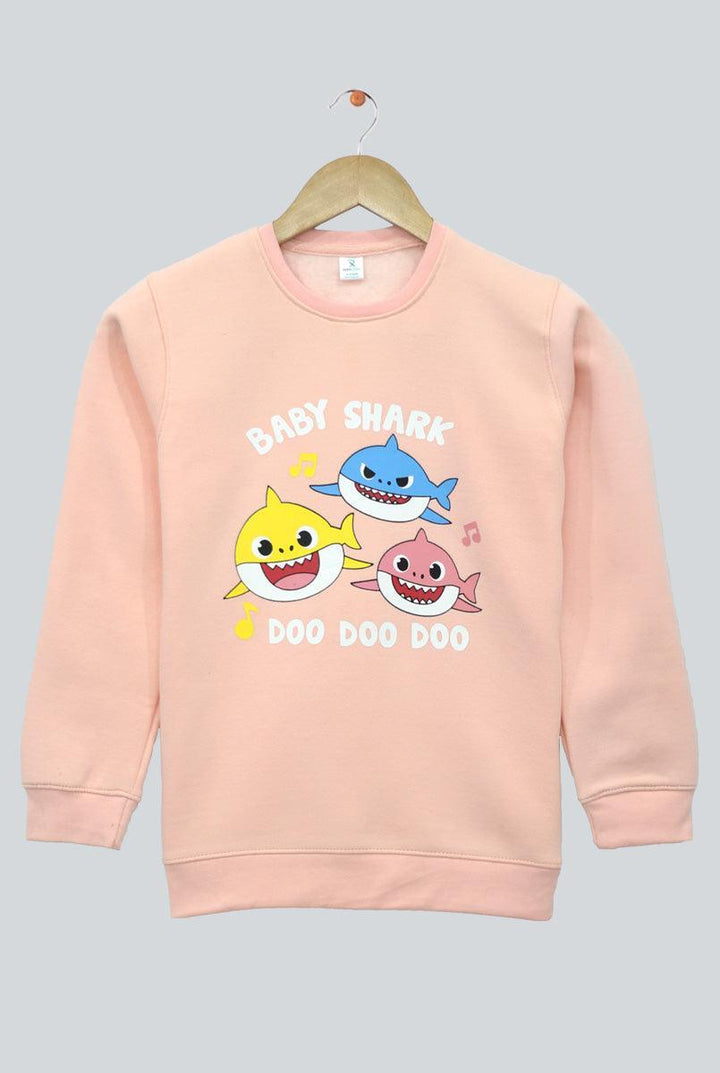 Peach With Baby Shark Print Sweatshirt for Girls (Fleece)