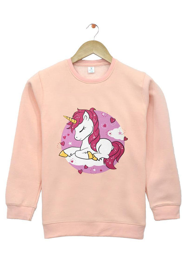 Peach With Unicorn Print Sweatshirt for Girls (Fleece)