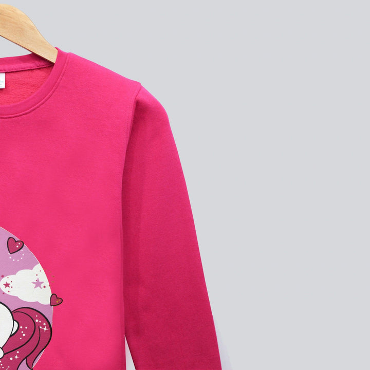 Pink With Unicorn Print Sweatshirt for Girls (Fleece)