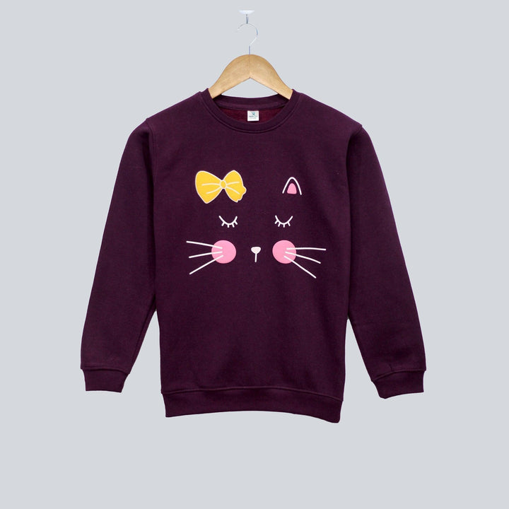 Purple With Cat Eyes Print Sweatshirt for Girls (Fleece)