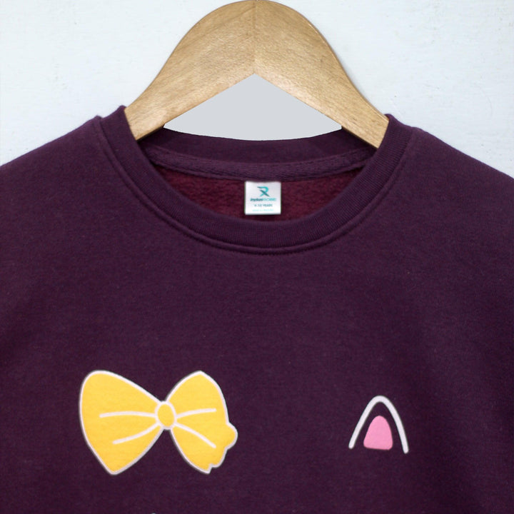Purple With Cat Eyes Print Sweatshirt for Girls (Fleece)