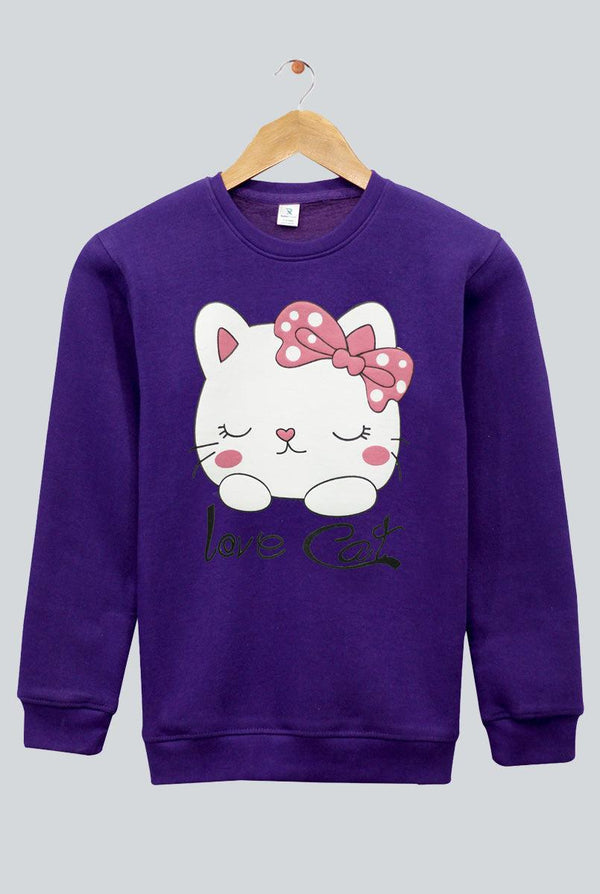 Purple with Love Cat Print Sweatshirt for Girls (Fleece)