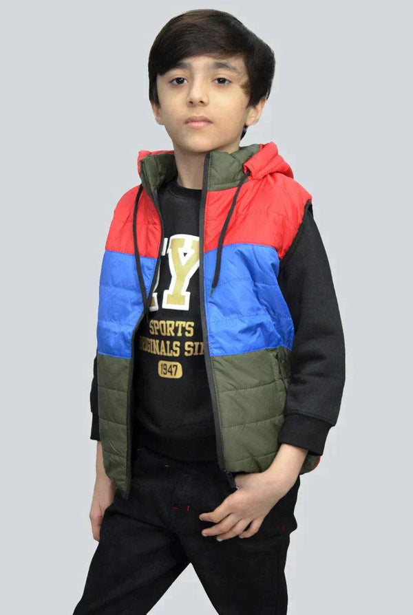 Red Sleeveless Puffer Jacket for Boys With Royal Blue & Olive Green Panel - IndusRobe